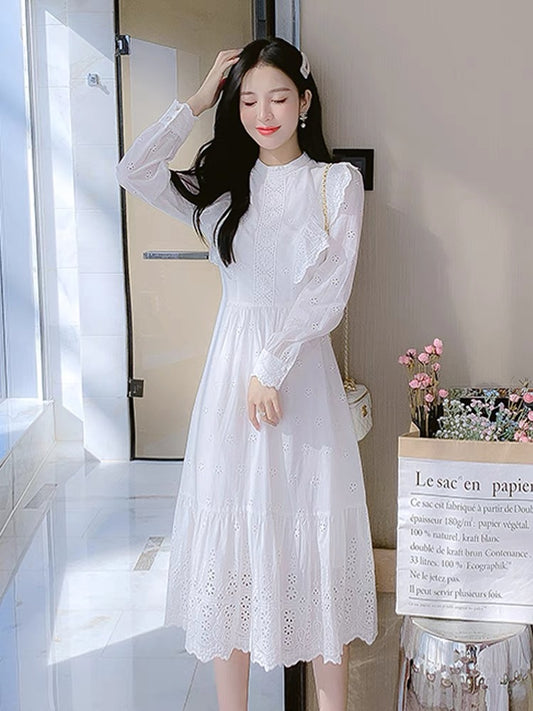 French white lace dress women's autumn clothing 2023 new niche design first love chic fairy dress (S3339)