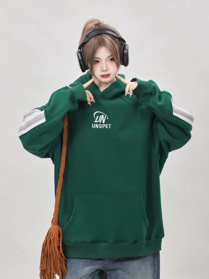 American retro oversize pink sweatshirt plus velvet thickened women's winter hooded lazy style couple niche top A3349