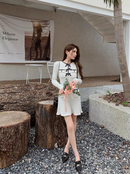 Elegant princess ladylike design niche bow long-sleeved round neck silver knitted bottoming inner dress (D165)