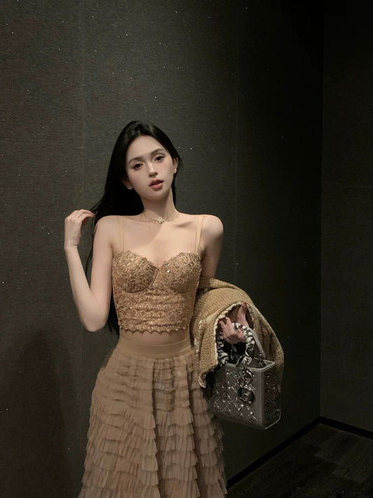 Heavy industry hot diamond sexy lace camisole women's autumn and winter waist tight pure desire short bottoming top