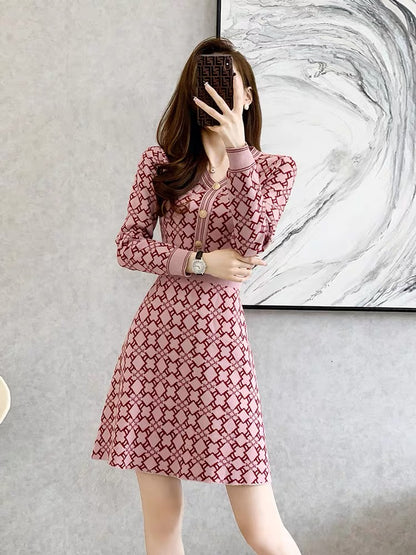 French style waist slimming pink sweater skirt 2023 new autumn and winter women's small knitted dress (V5517)