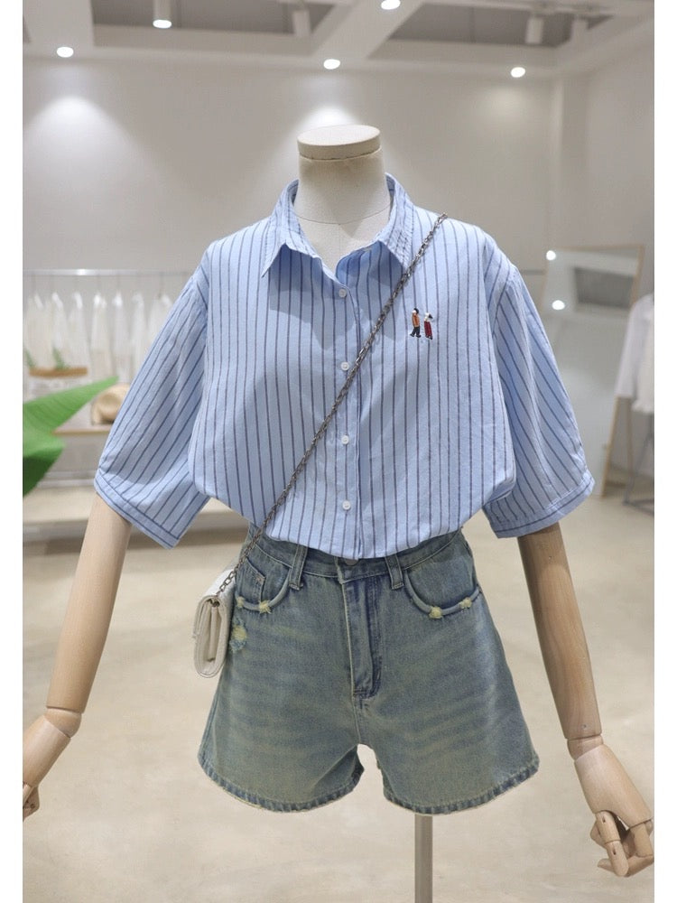 Simple breathable chest embroidery 2024 summer loose slim all-match cotton striped short-sleeved shirt women's shirt