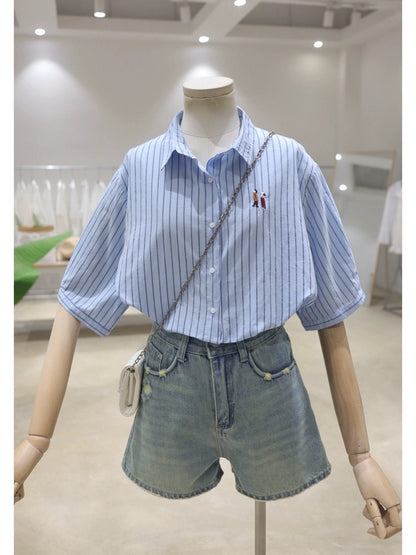 Simple breathable chest embroidery 2024 summer loose slim all-match cotton striped short-sleeved shirt women's shirt
