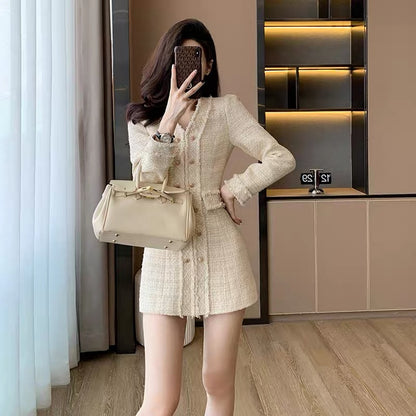 Small V-neck fringed design double-breasted waist long-sleeved tweed dress for women autumn and winter woolen skirt