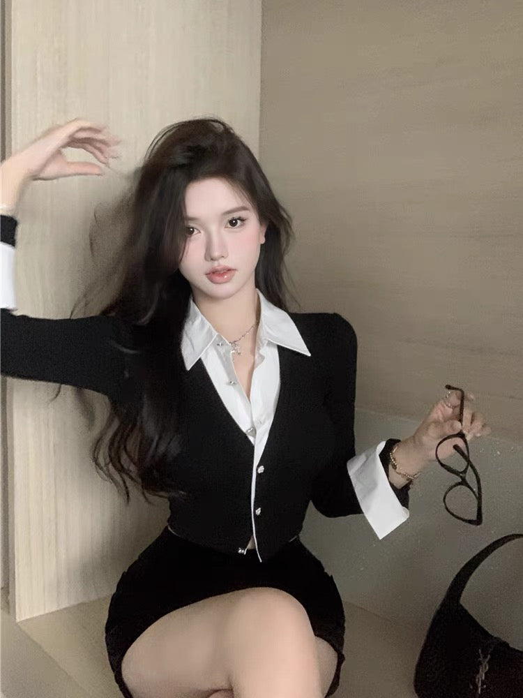 Fake two-piece shirt for women with niche design in early spring, pure lust for sweet hot girls, sexy short top, unique and unique shirt