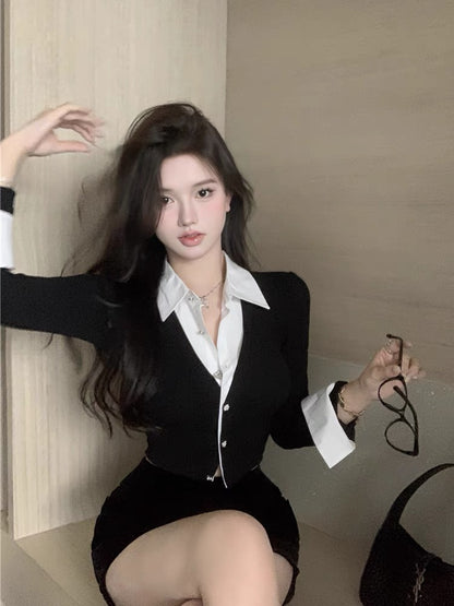 Fake two-piece shirt for women with niche design in early spring, pure lust for sweet hot girls, sexy short top, unique and unique shirt