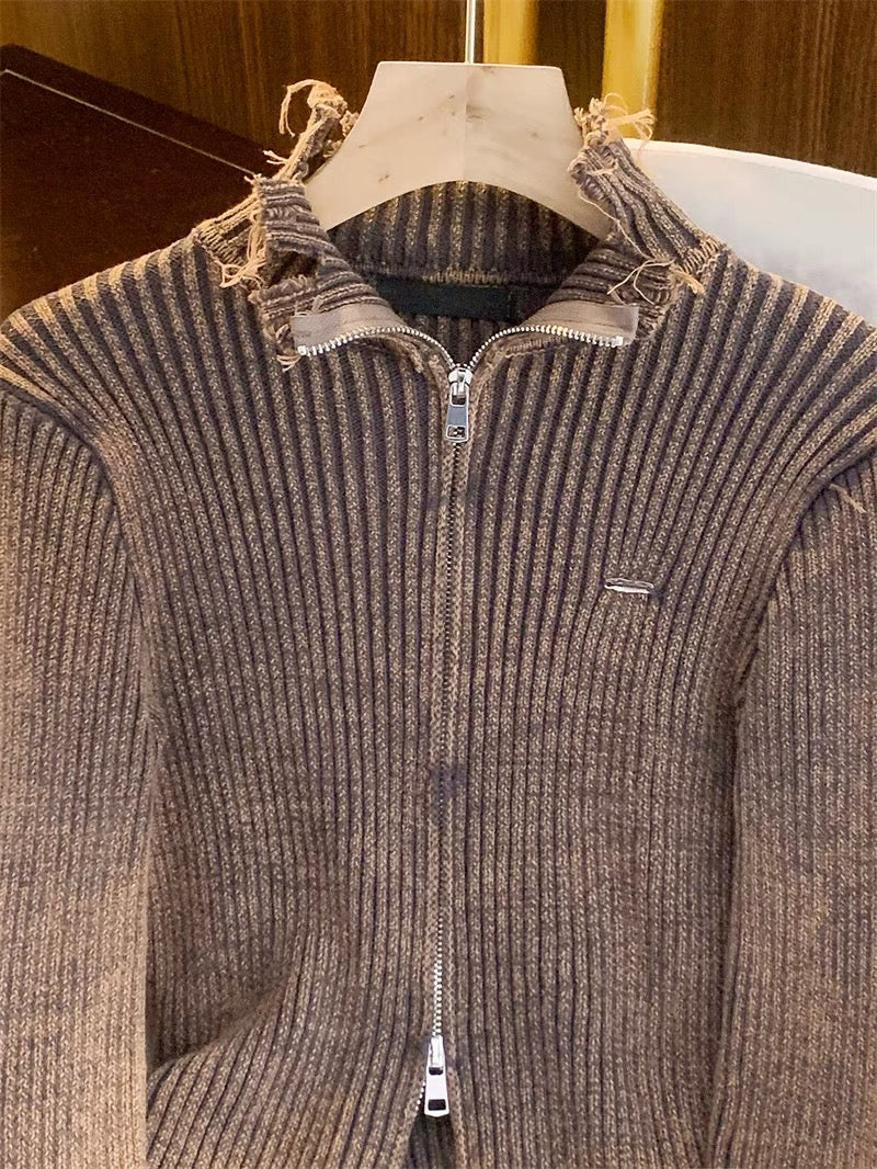 French Style Knitwear Women's 2023 New Autumn Style Old Frayed Khaki Zipper High Collar Lazy Style Caảdigan V1133