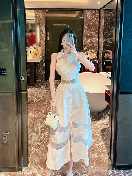 BETTER LS new temperament goddess style sleeveless off-shoulder shirt dress high-grade white long skirt female summer