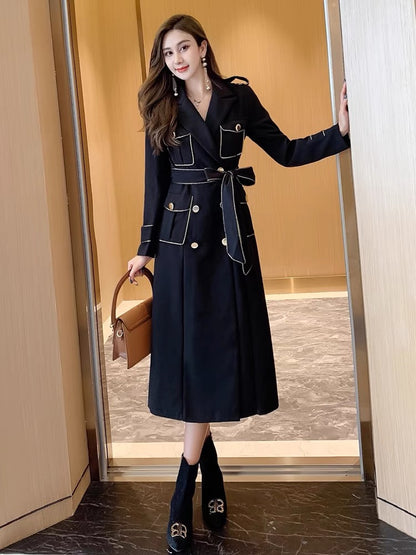 New autumn clothing for women, ladylike temperament, waist lace-up, heavy industrial coat, double-breasted windbreaker, mid-length over-the-knee coat