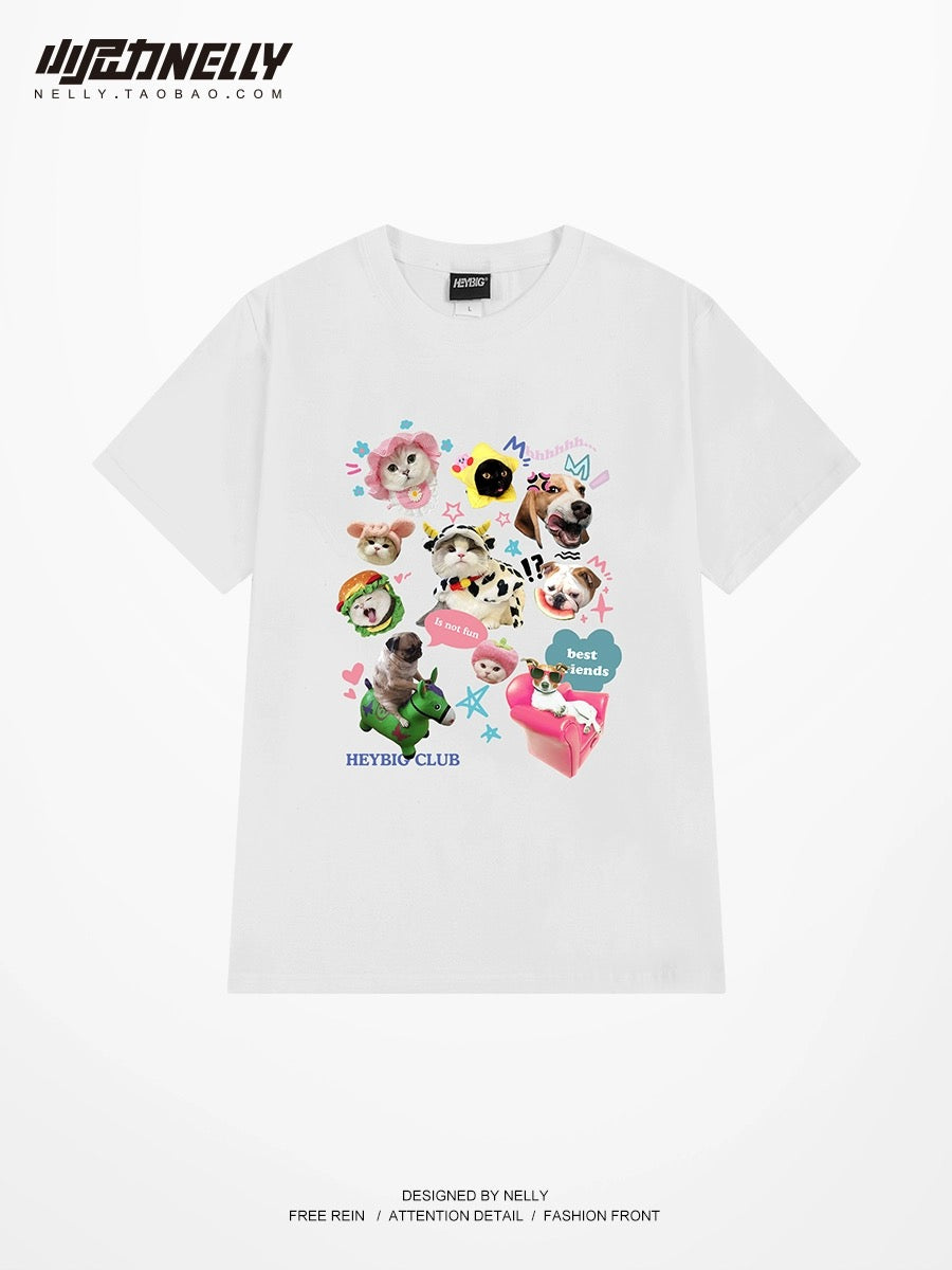 American dog and cat printed cotton short-sleeved T-shirts for men and women, summer trendy brand, American hiphop clothes, high street