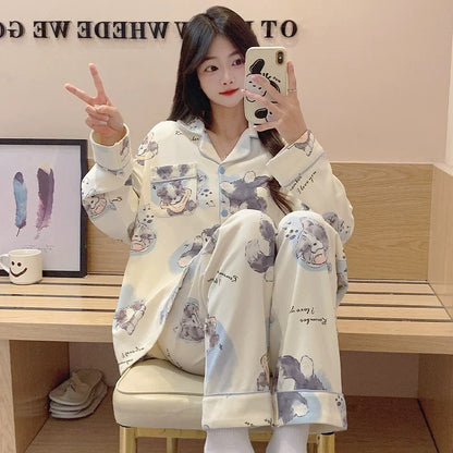 Pajamas women summer cardigan long-sleeved trousers suit summer ladies 2024 new cartoon spring autumn winter home clothes