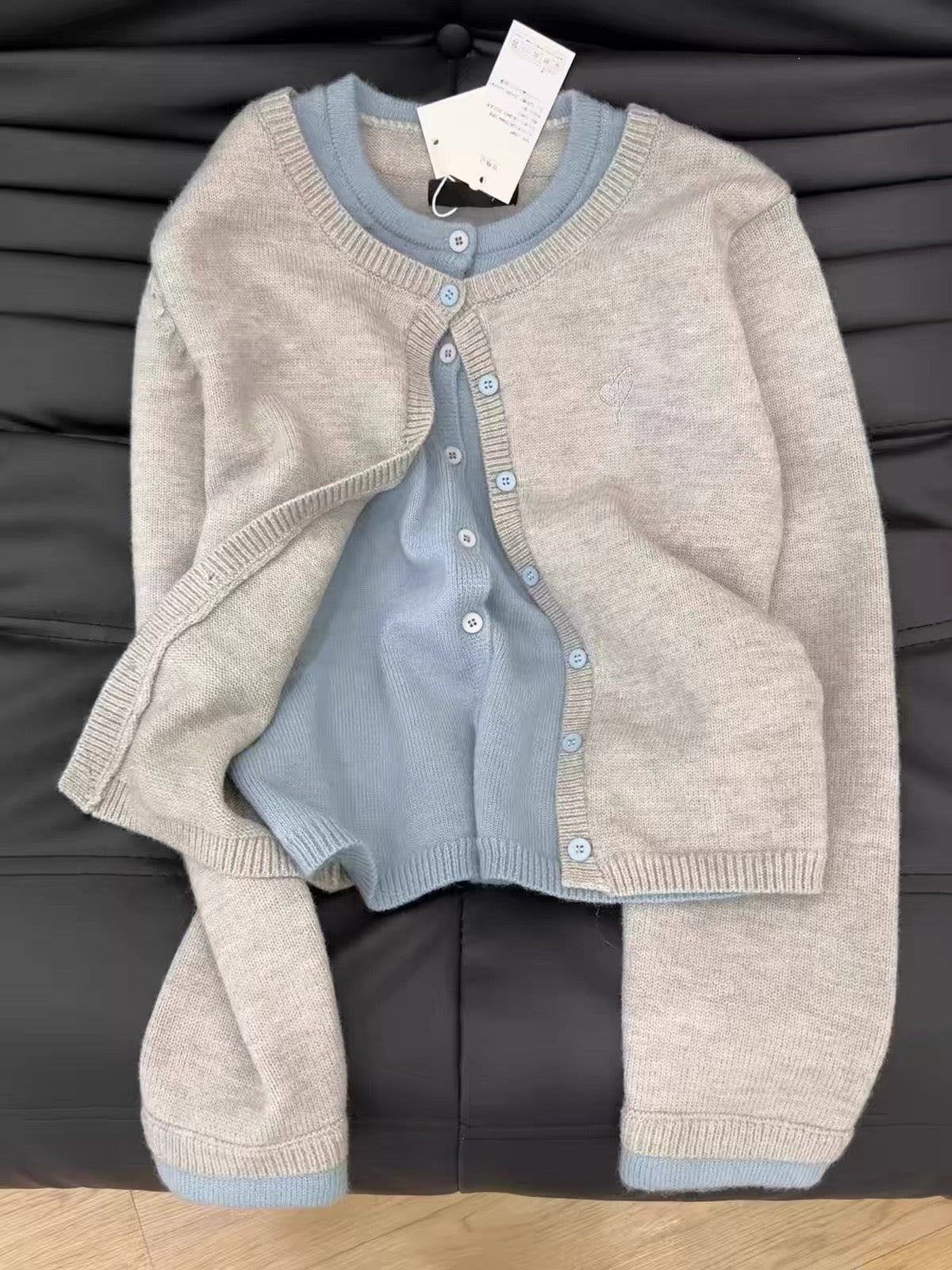 Grey-style" faux-layered knitted cardigan for women – a sophisticated, spliced-design knit sweater from the 2026 spring/autumn collection.