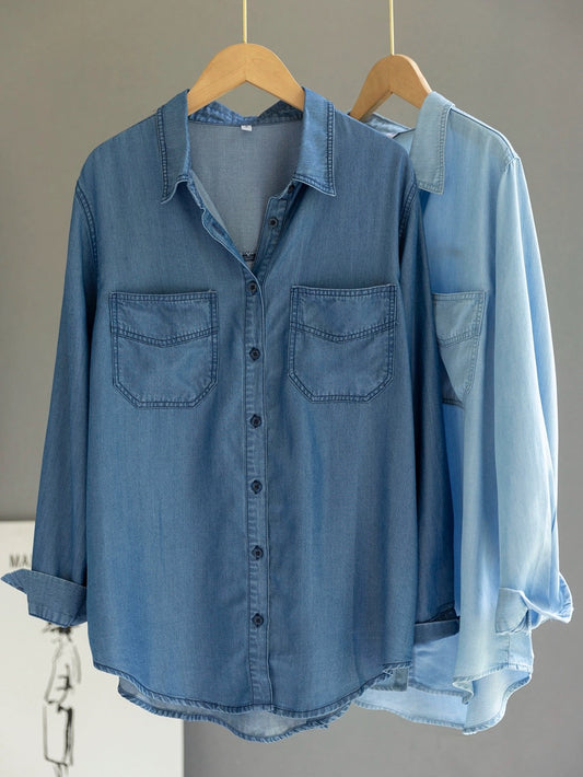 Foreign trade export high-end washed denim shirt for women, niche design, loose and versatile layered shirt, drape bottom