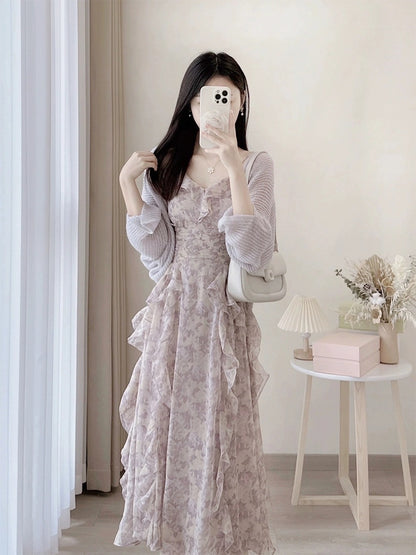 French seaside vacation long dress, royal sister's high-end spring dress, fairy super fairy floral suspender dress, children's summer