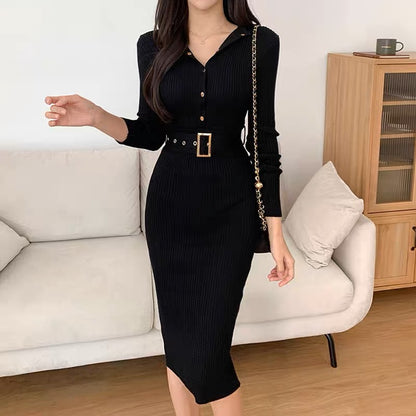 Korean chic autumn elegant and simple round neck slimming long-sleeved knitted hip-covering dress with belt for women