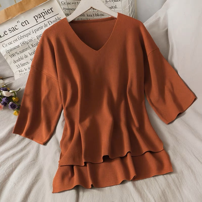 2023 new style V-neck half-sleeved front and back long loose knitted sweater for women with elastic waist slimming and drapey wide-leg pants suit