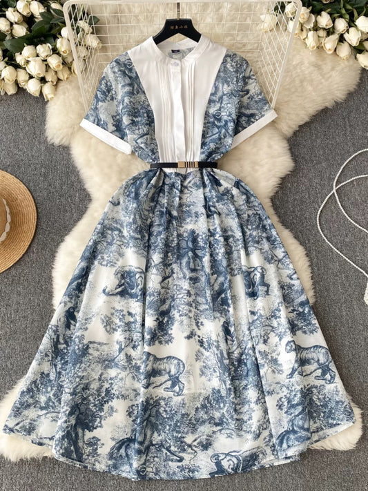 French court style high-end short-sleeved printed dress for women with waist design, niche and unique, super fairy temperament long dress