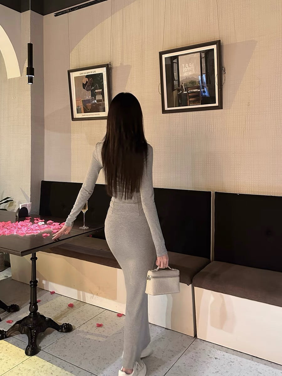 Xu Xuah [big breasts and thin waist] sexy gray fishbone long-sleeved T-shirt base + skirt long casual suit