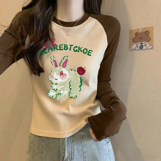 Contrast color pure cotton inner wear design sense splicing long-sleeved T-shirt female 2025 autumn and winter new European goods loose slim top M