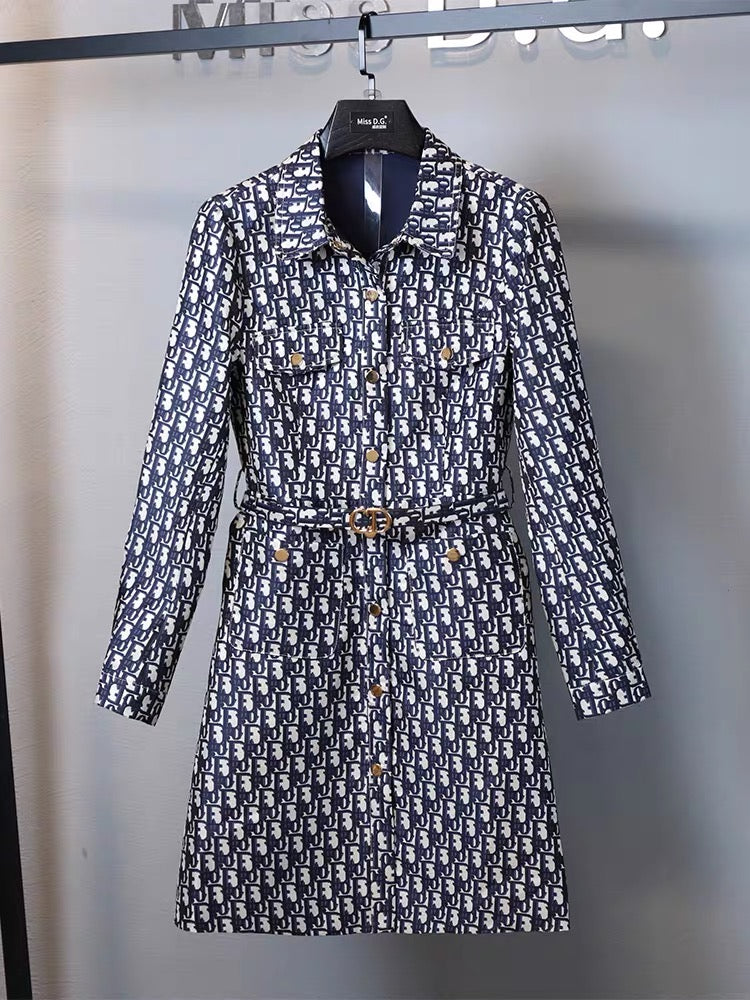 Miss DG temperament slim and high-end dress 2023 autumn and winter jacquard long-sleeved small lapel skirt with belt (D0677)