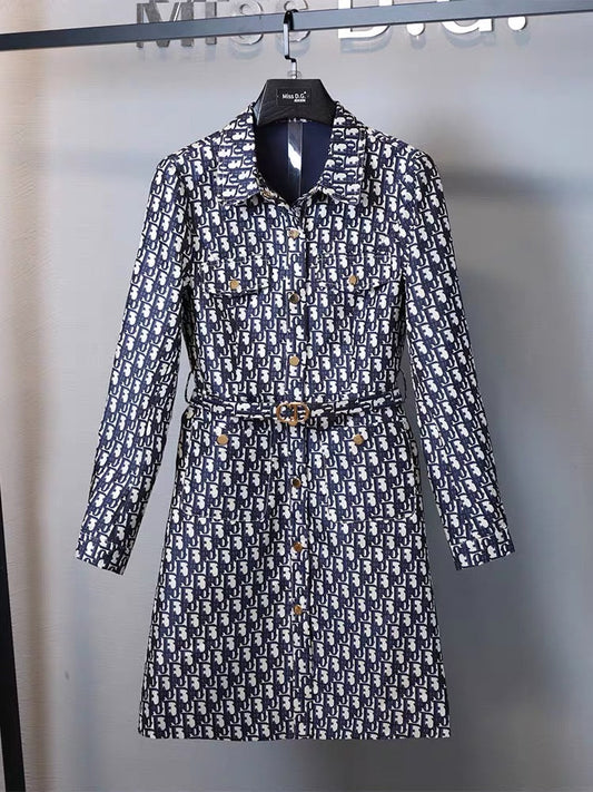 Miss DG temperament slim and high-end dress 2023 autumn and winter jacquard long-sleeved small lapel skirt with belt (D0677)