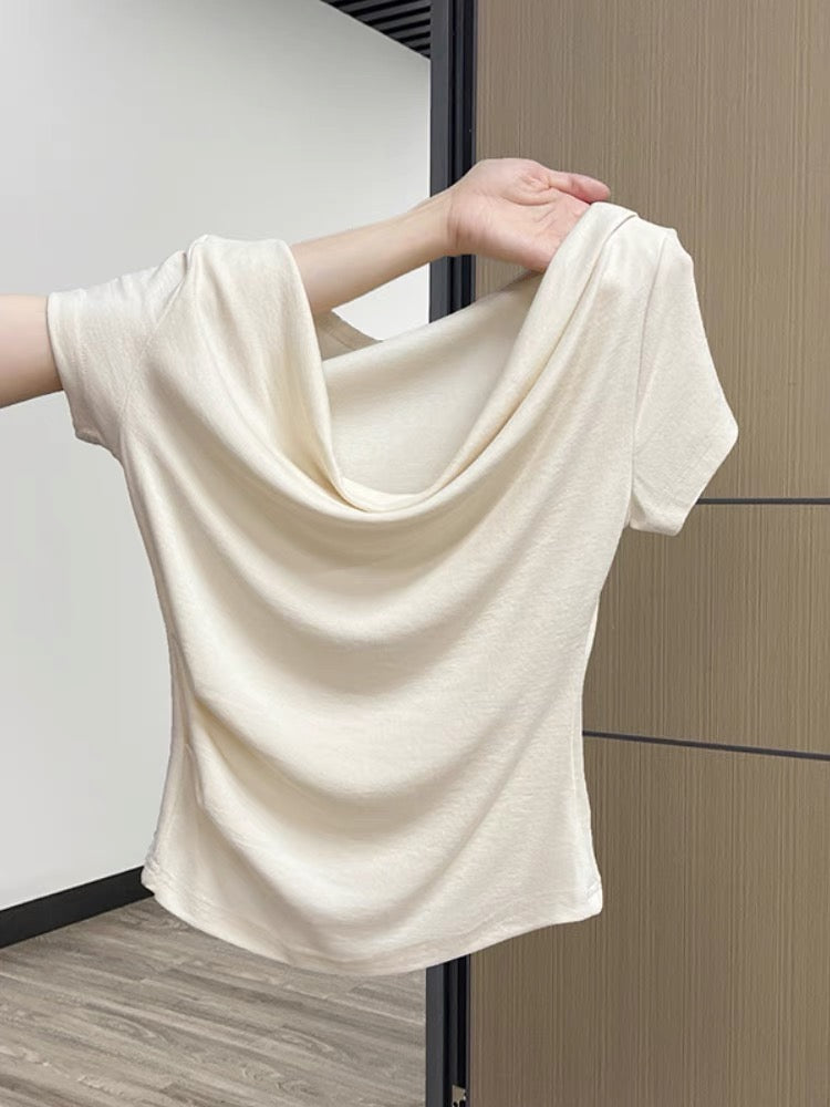 French style one-shoulder short-sleeved T-shirt for women in summer, sweet and spicy niche design, pleated slim waist, beautiful small top