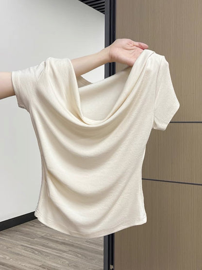 French style one-shoulder short-sleeved T-shirt for women in summer, sweet and spicy niche design, pleated slim waist, beautiful small top