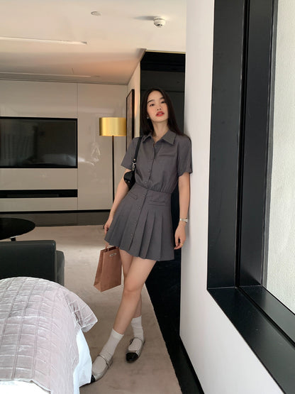 pusumede high-grade temperament shirt dress black dress female design pleated skirt waist A-line short skirt