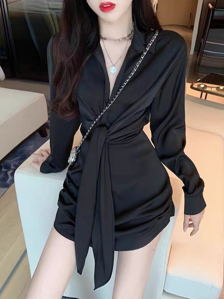 Early spring and autumn 2023 new temperament chic niche design high-level sexy slim black shirt dress female