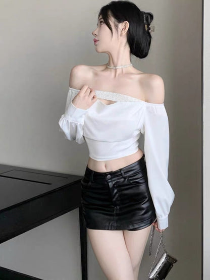 French babes sexy one-shoulder swing collar temperament long-sleeved shirt female design sense short chic top autumn