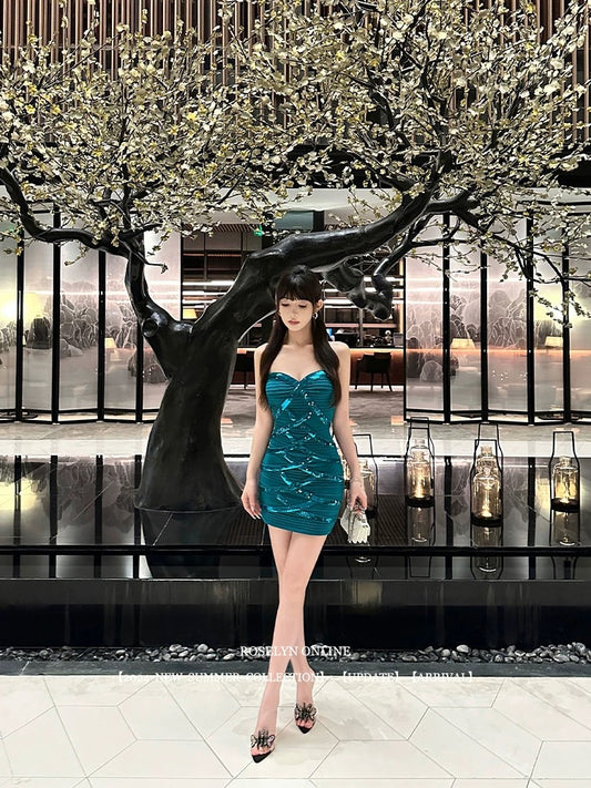 Roselyn [Turquoise] Heavy sequined knitted tube top dress for women, ancient style, noble waist dress