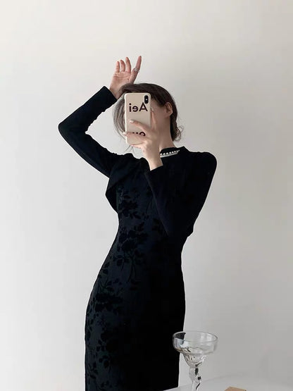Autumn cheongsam improved long-sleeved dress women's two-piece new French slimming slim temperament fashion suit skirt D9294