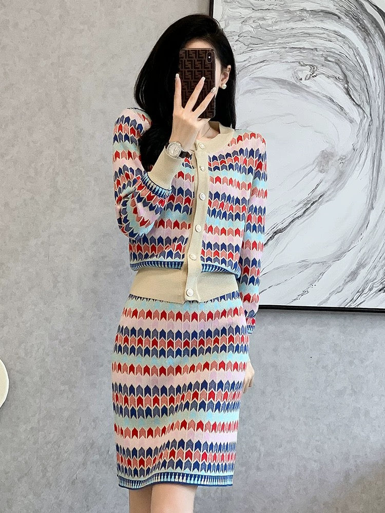 Autumn and winter new style French style knitted fashion suit skirt women's slim slimming colorful temperament two-piece skirt