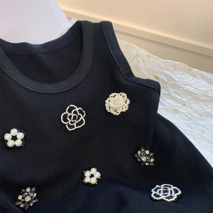 Xiaoxiangfeng heavy industry beaded vest chic sweet and spicy sleeveless top light luxury black knitted suspenders female summer new style