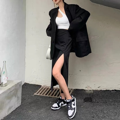 2023 early autumn new Hong Kong style retro chic Korean style loose suit jacket Yujie street suit skirt two-piece set