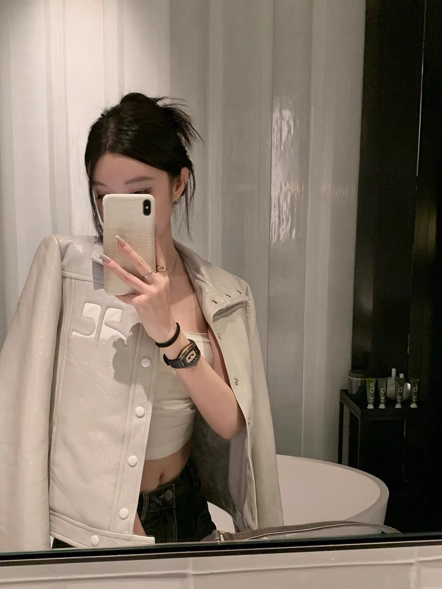 Good Morning Fanfan Classic silhouette lapel mirror PU textured leather coat 2023 new casual short coat for women autumn (J236)