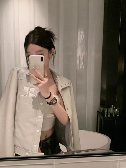 Good Morning Fanfan Classic silhouette lapel mirror PU textured leather coat 2023 new casual short coat for women autumn (J236)