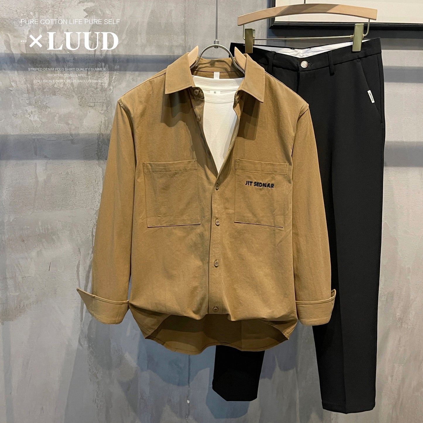 LUUD 100 pure cotton fabric comfortable lapel shirt simple and versatile solid color tooling trend men's long-sleeved thin coat