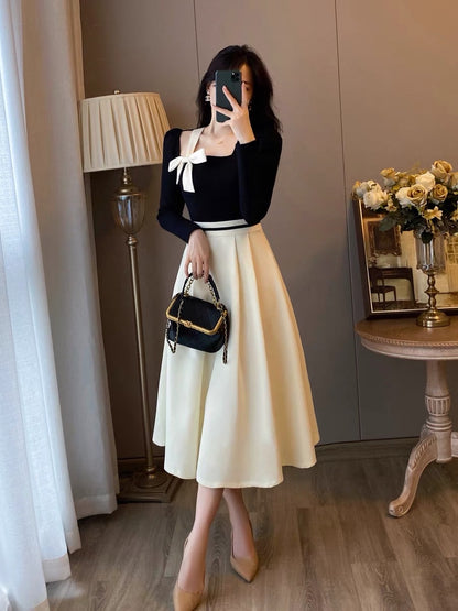 French retro small fragrance square collar dress women's 2023 autumn new Hepburn style high-level high-waisted dress