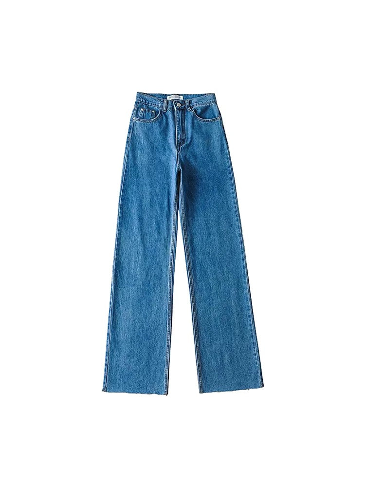 Versatile high-waisted jeans for women, retro raw edge, distressed, slimming wide-leg pants, flesh-covering trousers, floor-length pants, 2 colors