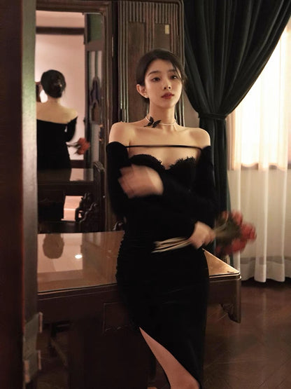 Thirteen and little velvet dress women's autumn high-end dress skirt slim slim slit long-sleeved skirt