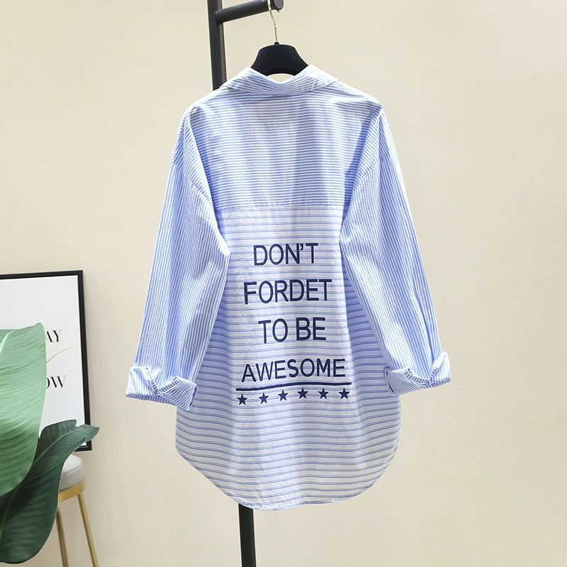 Light blue splicing striped shirt women 2024 spring and autumn new lazy style loose casual mid-length shirt top
