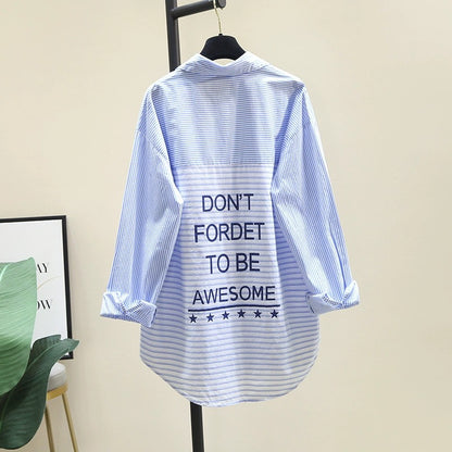 Light blue splicing striped shirt women 2024 spring and autumn new lazy style loose casual mid-length shirt top