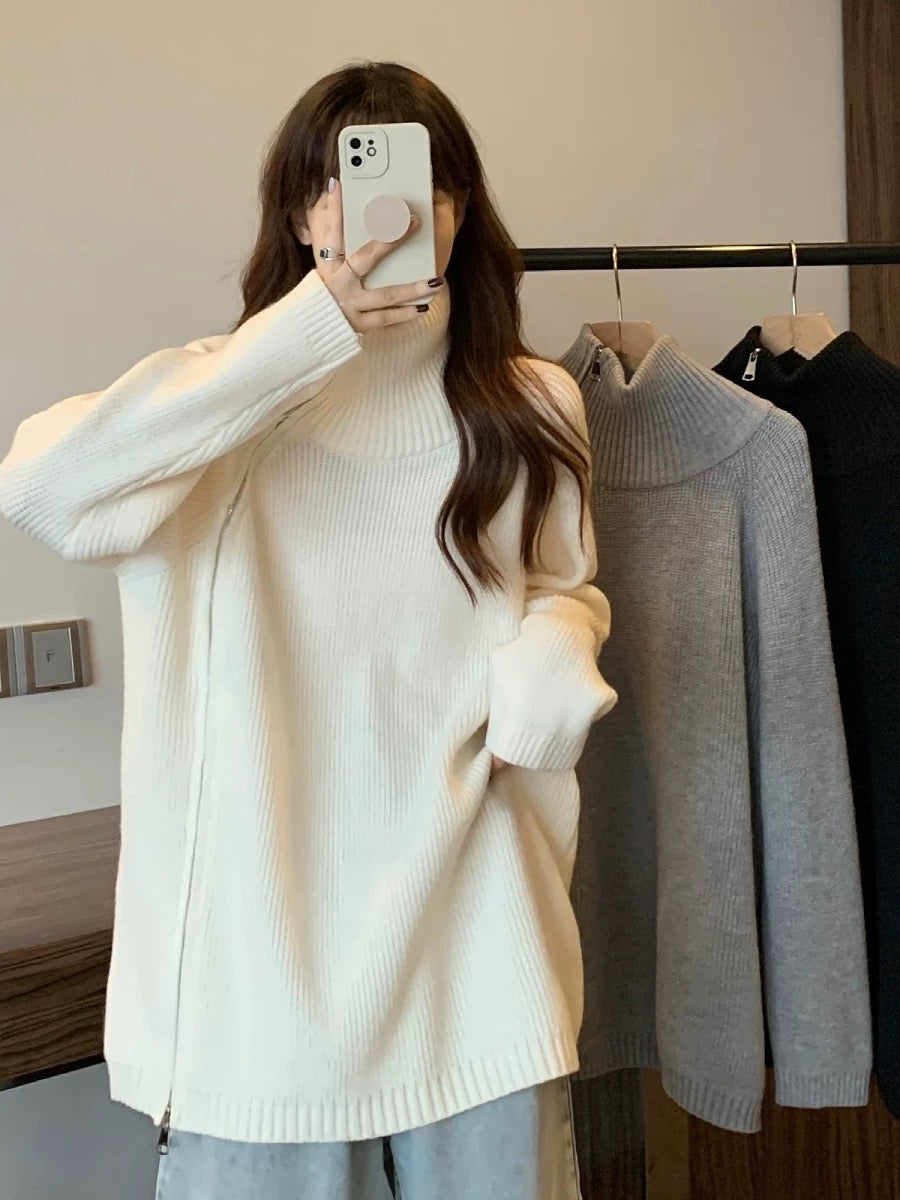 Plus size women's fat women's lazy style loose side zipper turtleneck sweater top women's autumn mid-length long-sleeved sweater