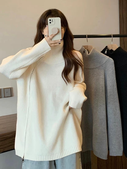 Plus size women's fat women's lazy style loose side zipper turtleneck sweater top women's autumn mid-length long-sleeved sweater