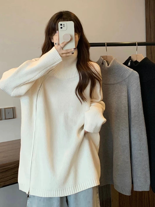 Plus size women's fat women's lazy style loose side zipper turtleneck sweater top women's autumn mid-length long-sleeved sweater