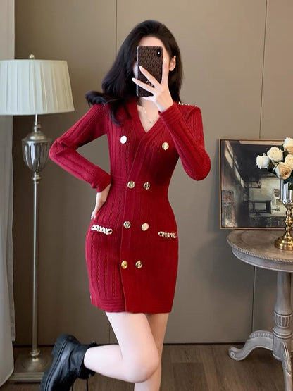 Lady style V-neck zodiac year knitted little red skirt women's autumn and winter new design double-breasted hip-hugging dress D7794