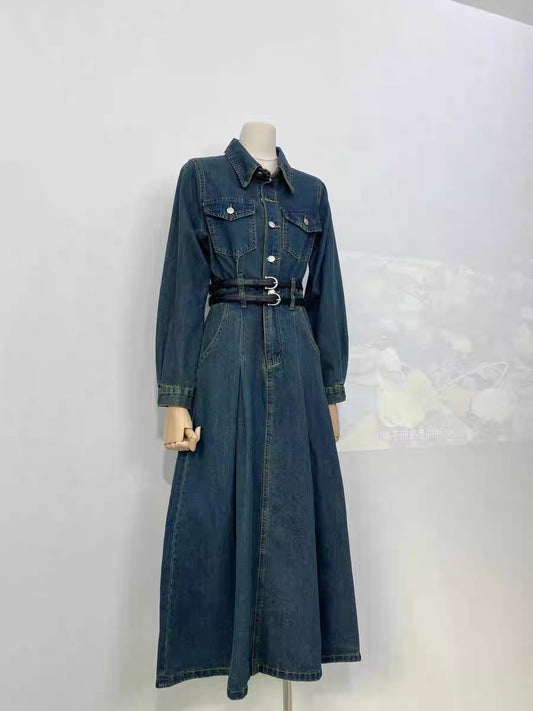 Miser Sheep 2023 New French Retro Exquisite Double Belt Long Sleeve High Waist Dress Long Princess Dress Fashion