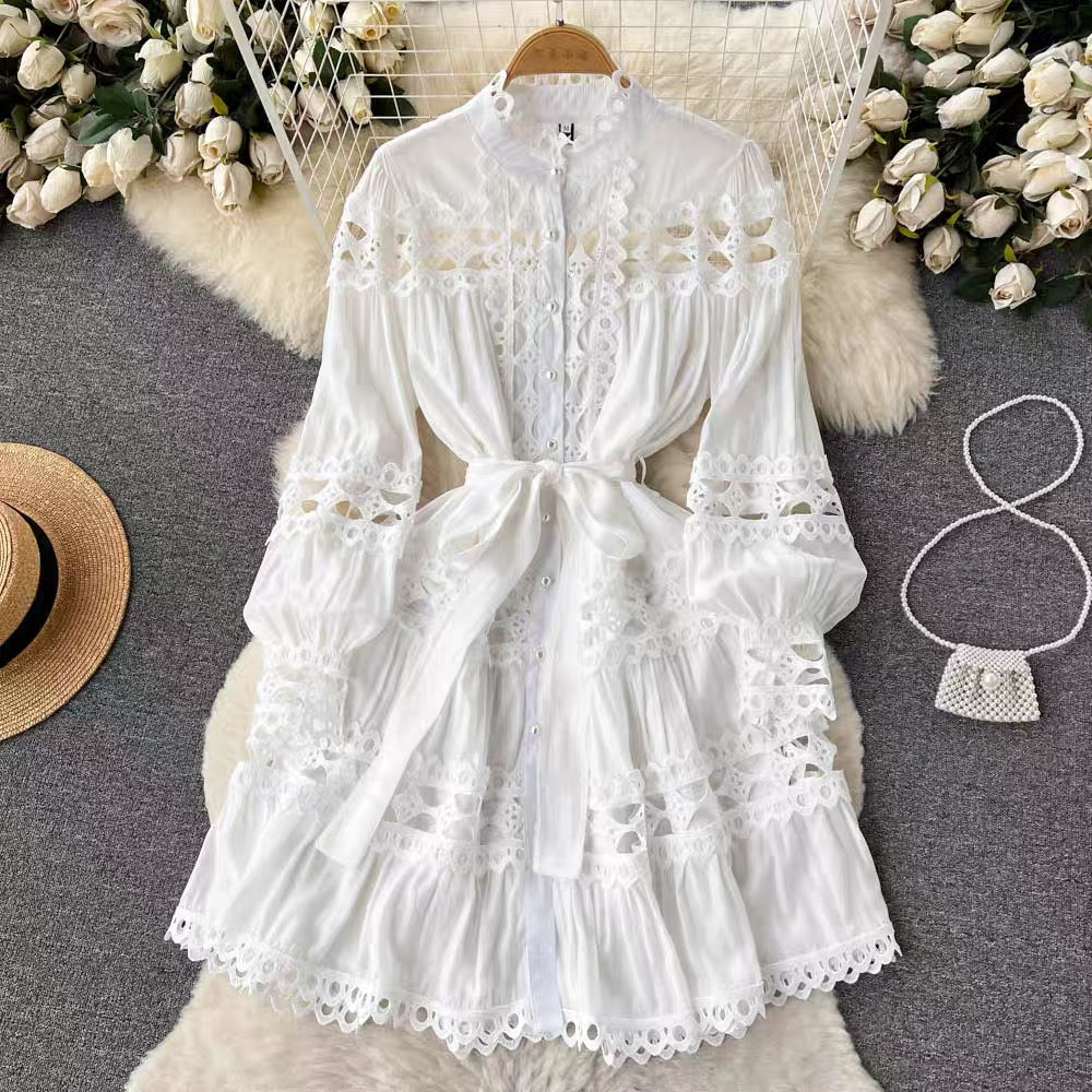 Spring new style French palace style stand-up collar hollow single-breasted dress women's lace-up hollow lace princess skirt (D0992)