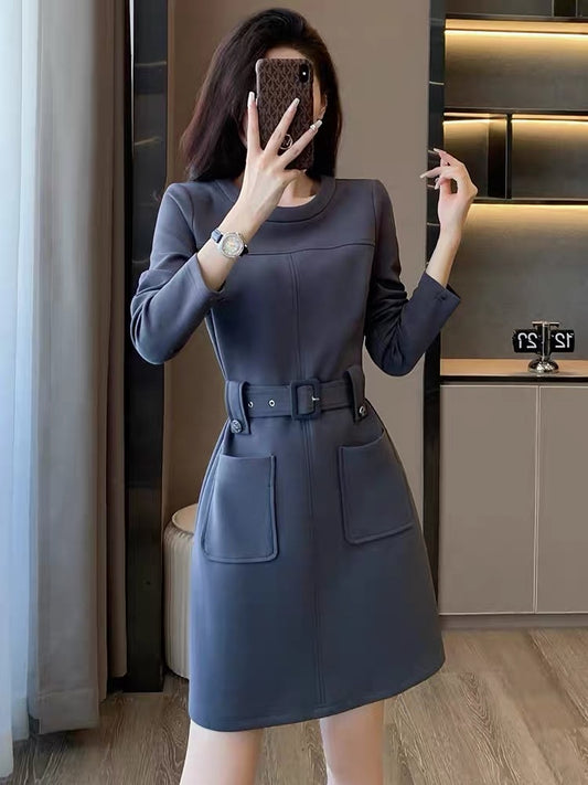 2023 Autumn New Simple Commuting Temperament Short Skirt Women's Light Luxurious Elegant Waist Slimming Long Sleeve Dress D7798